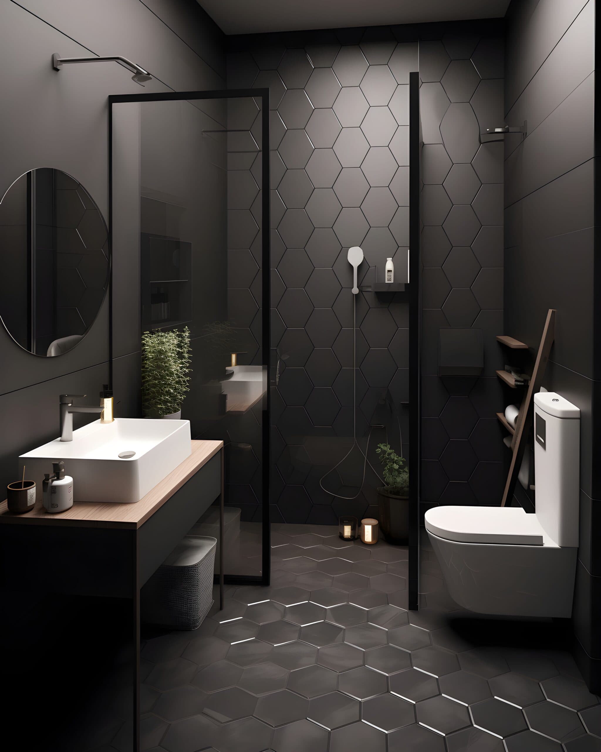 Siyah altıgen karoları, beyaz tezgâh üstü lavabosu ve eşiksiz duşu olan koyu renk banyo